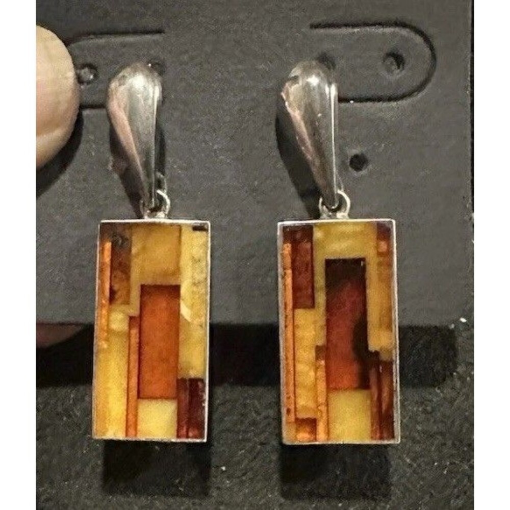 Vintage Artisan JZ Baltic Amber Mosaic 925 Silver Geometric Drop Earrings